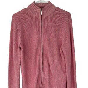 CRAZY HORSE PINK/WHITE ZIP FRONT CARDIGAN SWEATER‎ MEDIUM-EUC